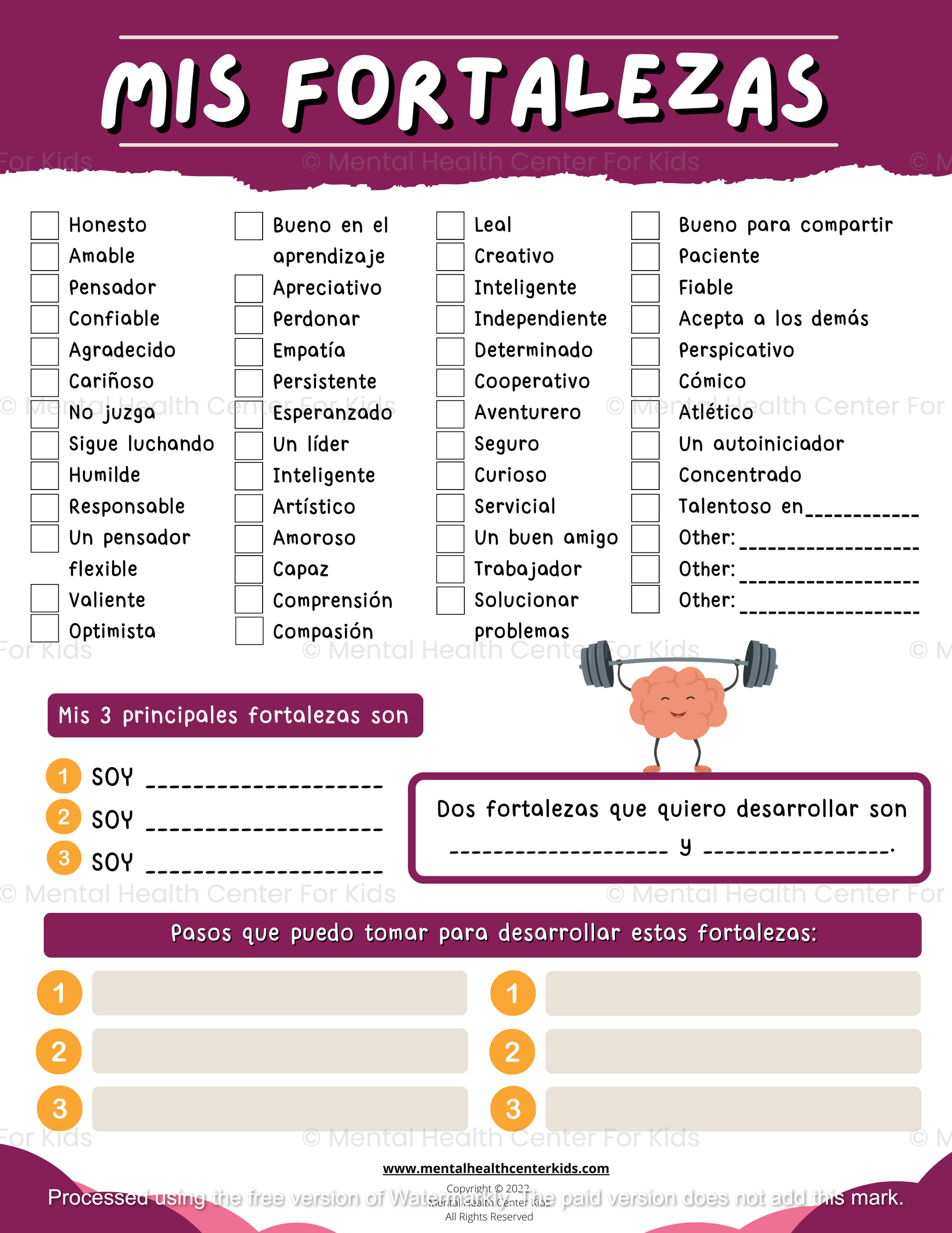 My Strengths Worksheet (Spanish Version) - Mental Health Center Kids