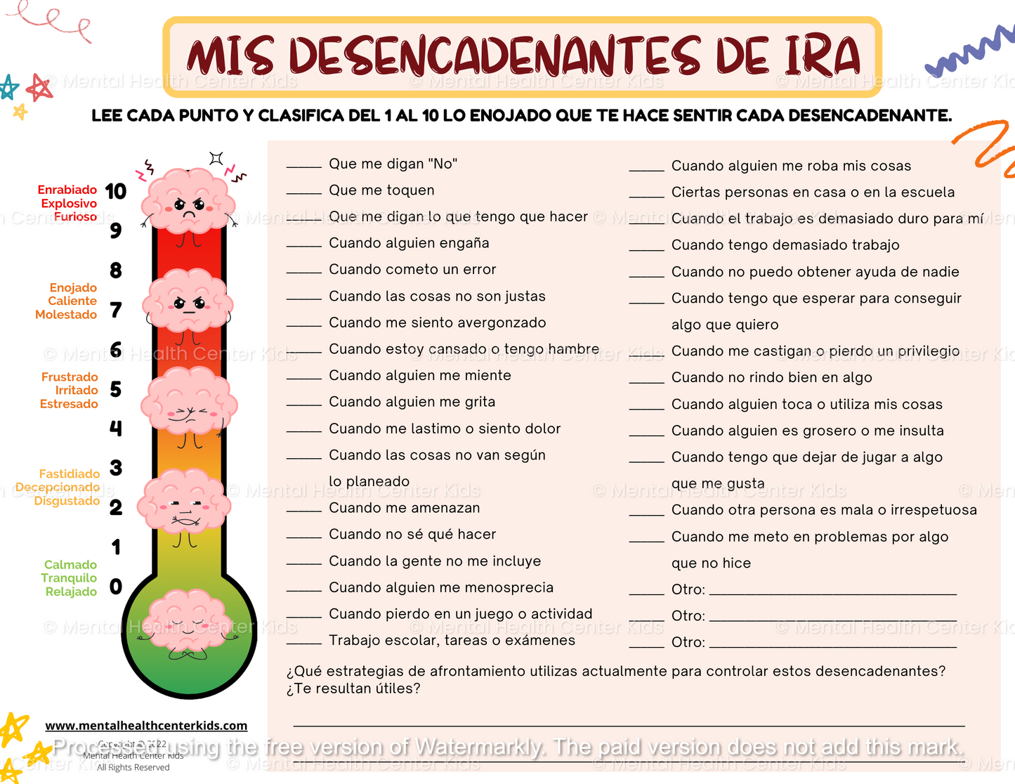 Spanish My Anger Triggers Worksheet