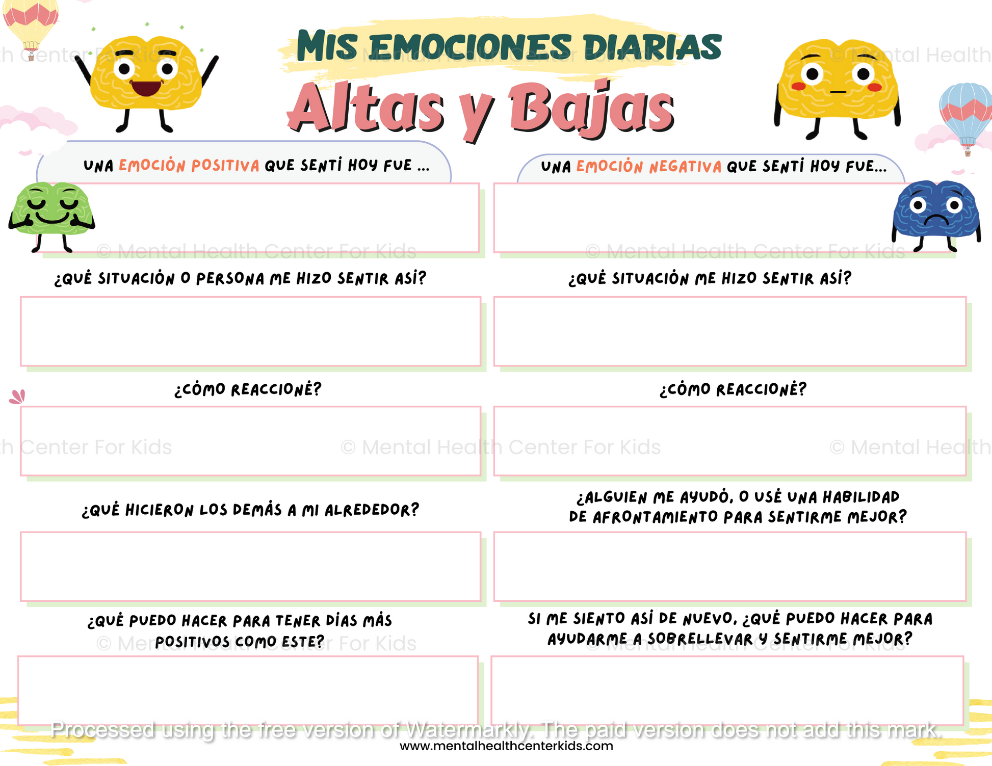 Spanish My Daily Emotions Ups and Downs Worksheet