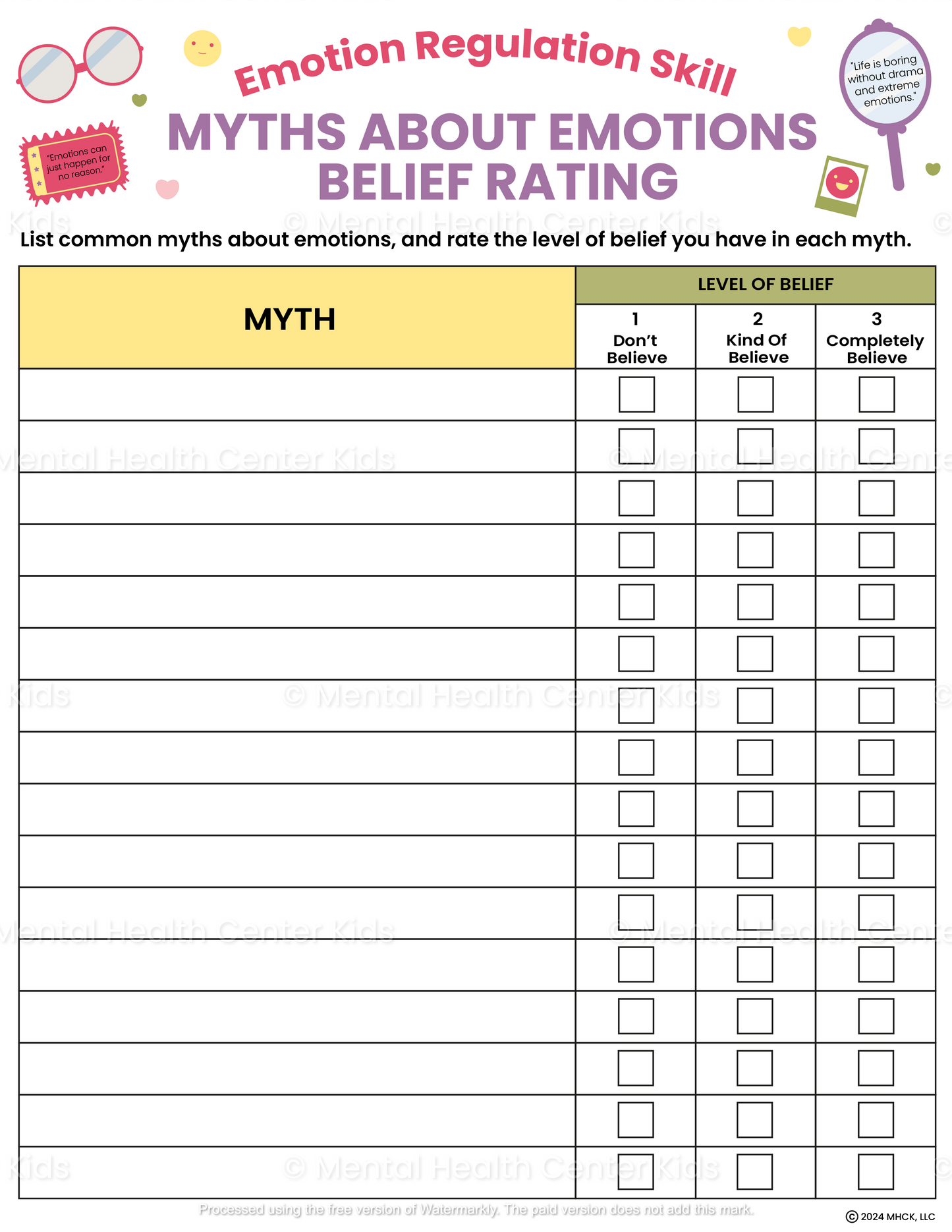 myths about emotions belief rating dbt worksheet