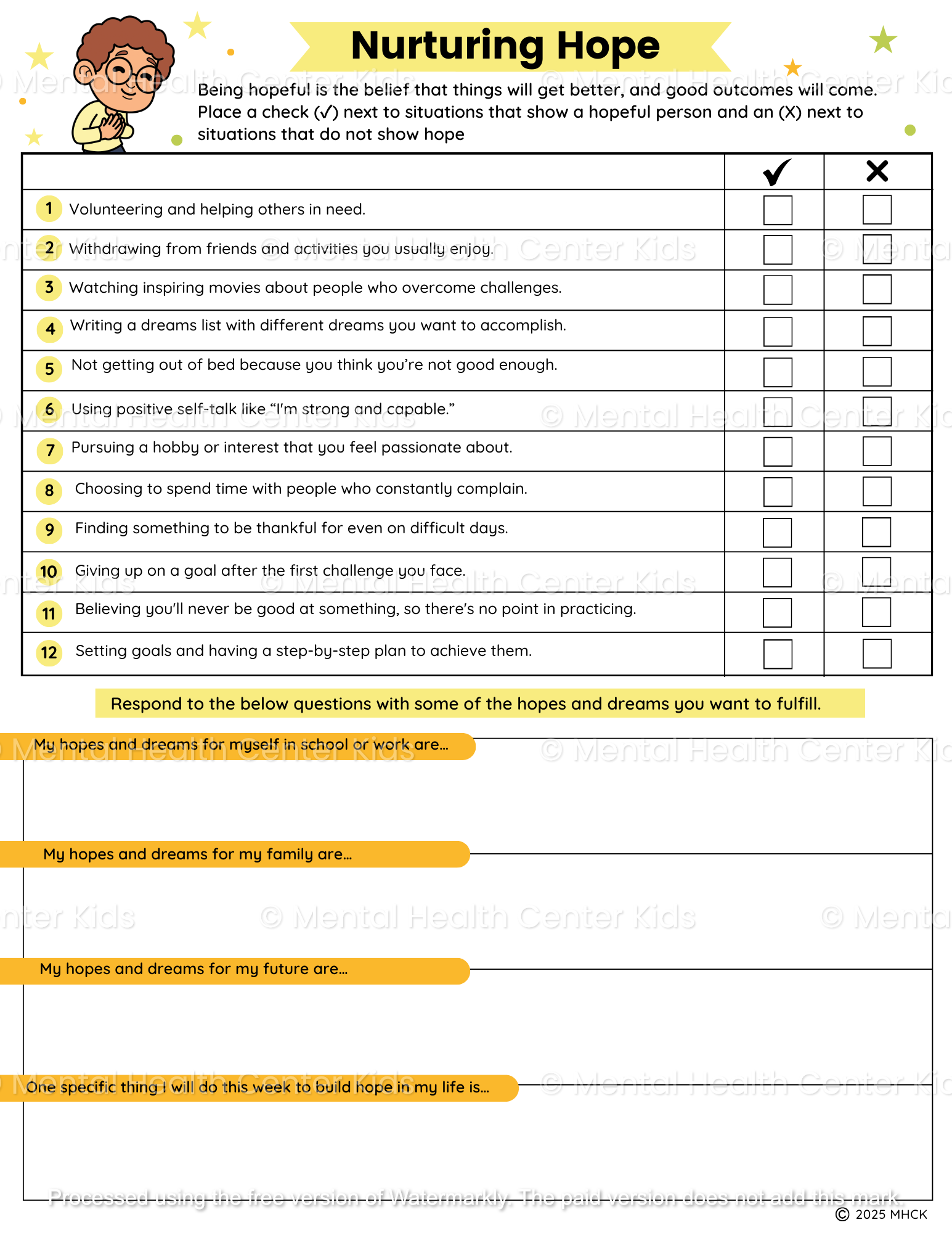 Hope Worksheets (2 Pages) – Mental Health Center Kids