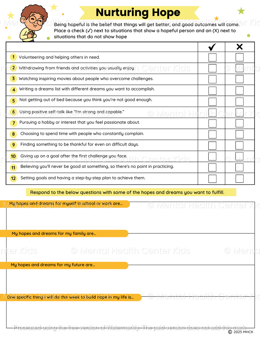 Lesson About Hope Hope Worksheets (2 Pages) – Mental Health Center Kids