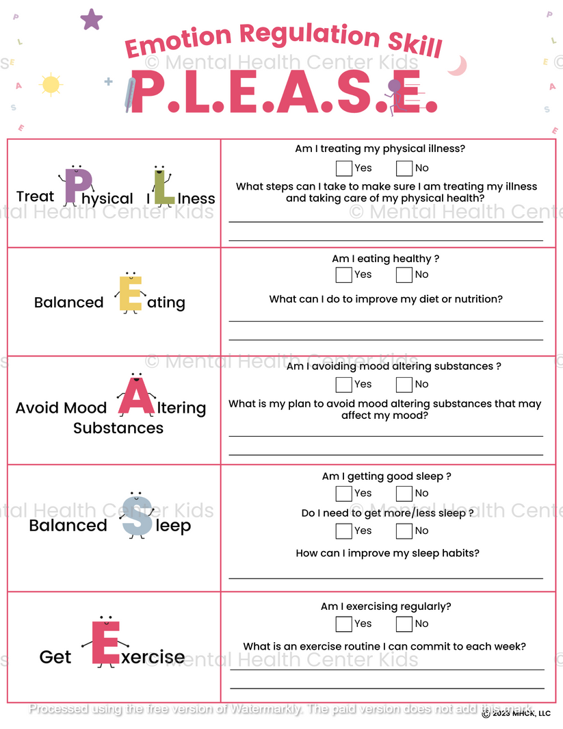 DBT PLEASE Skills Worksheet – Mental Health Center Kids