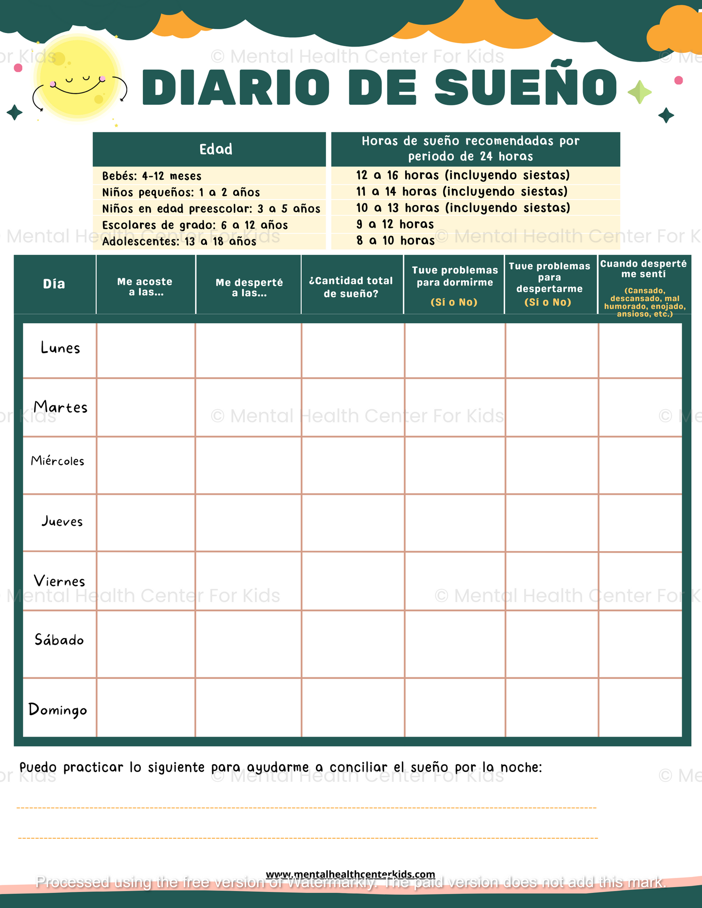 spanish sleep diary worksheet