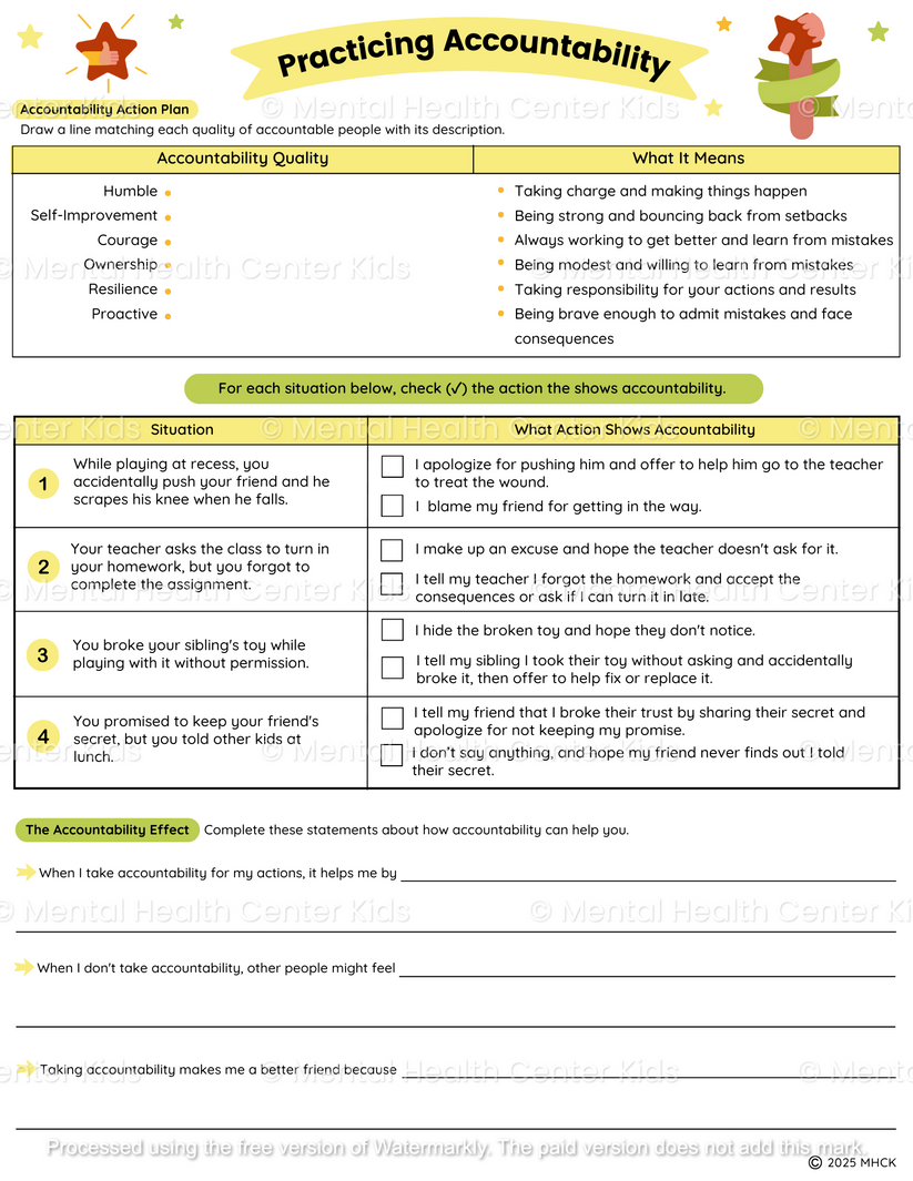Accountability Worksheets (2 Pages) – Mental Health Center Kids