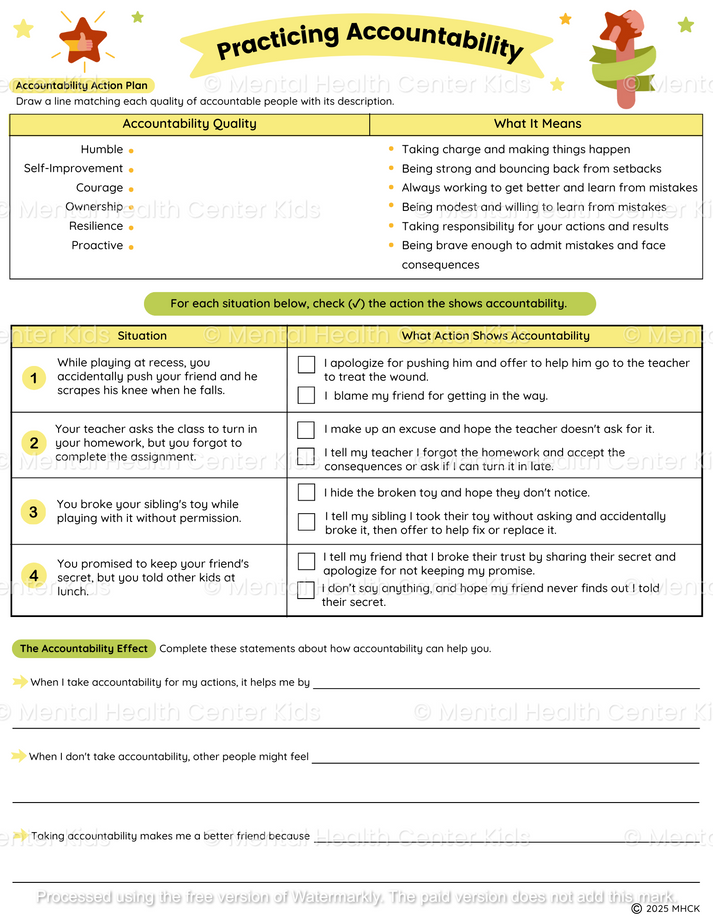 Accountability Worksheets (2 Pages) – Mental Health Center Kids