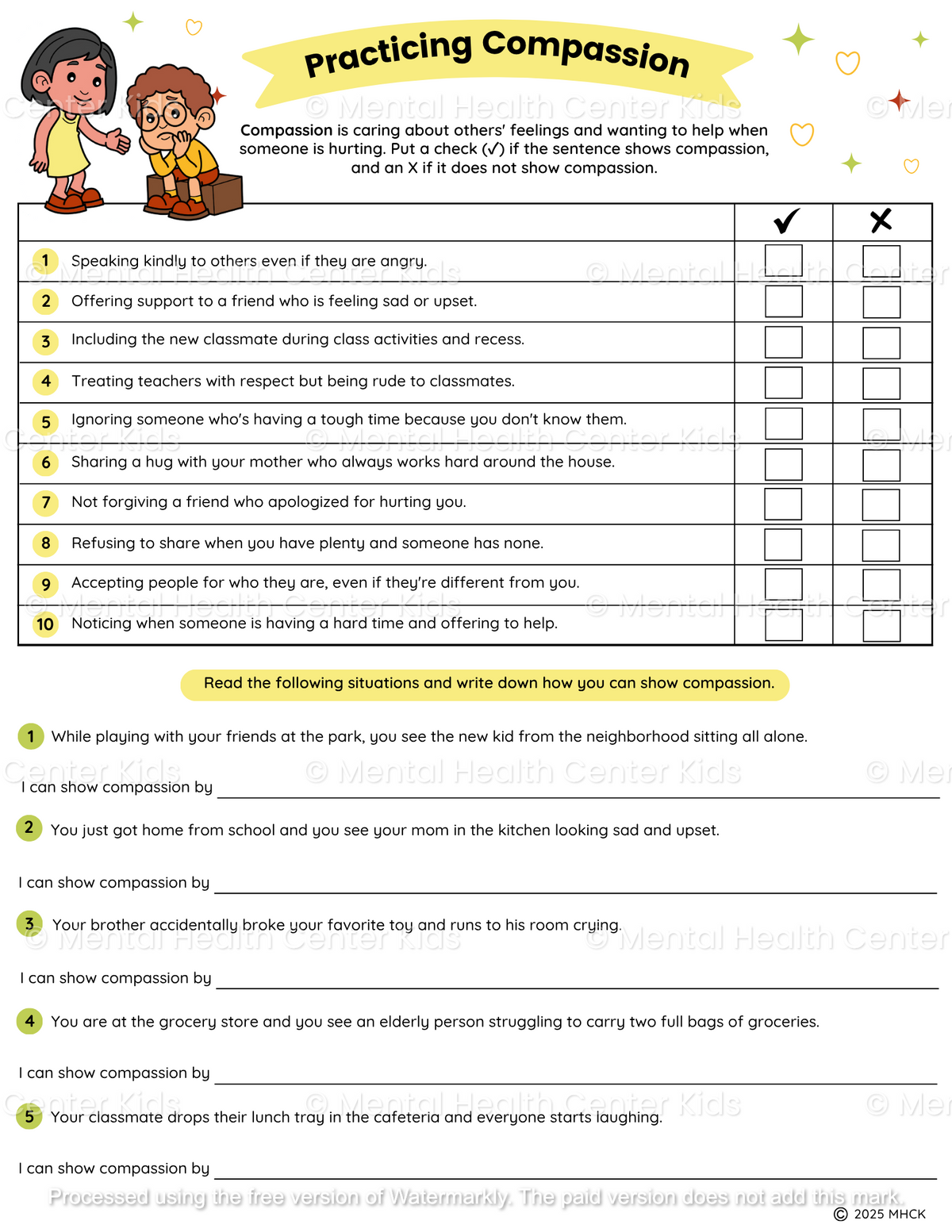 Compassion Writing Compassion Worksheets (2 Pages) – Mental Health Center Kids