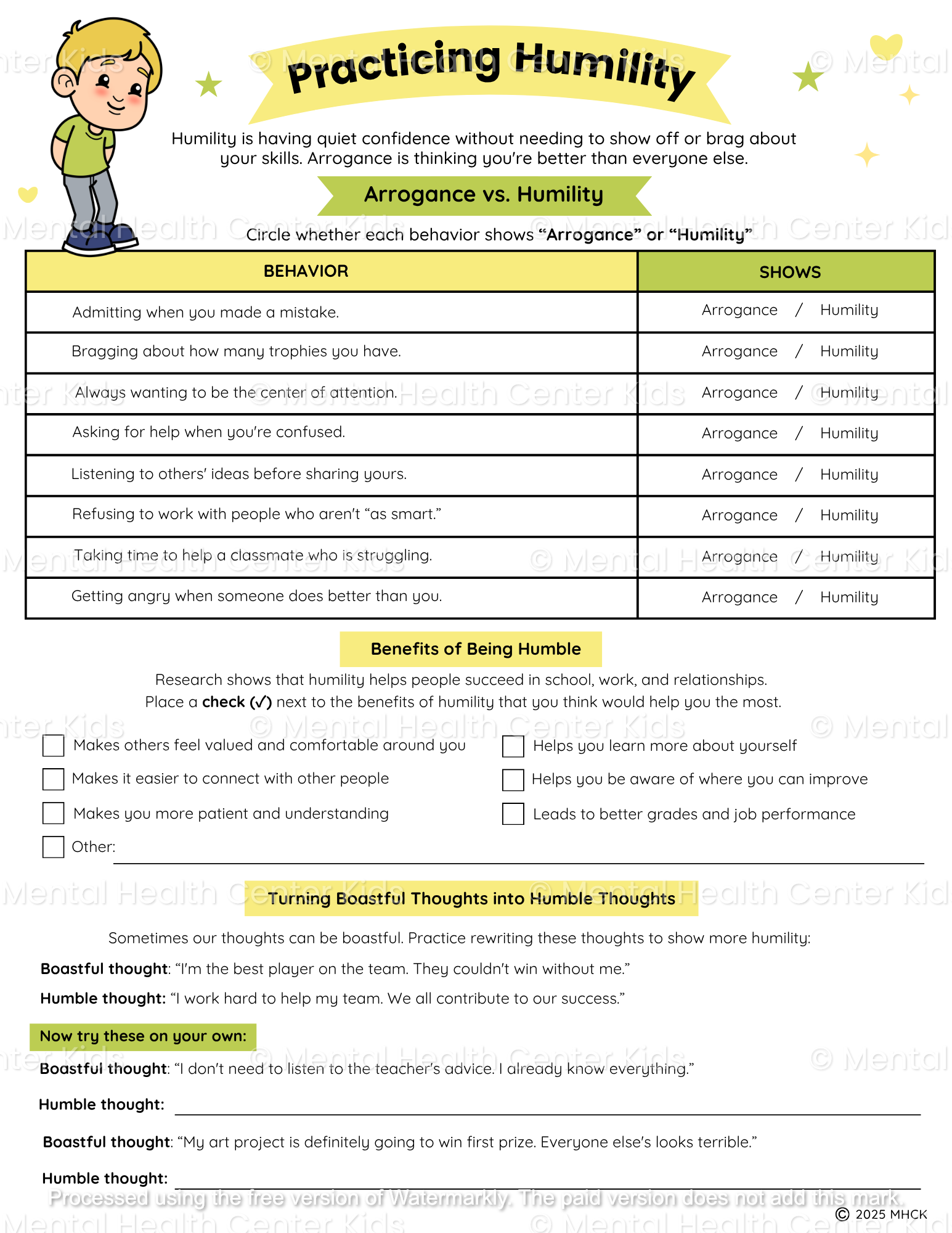 Humility Worksheets (2 Pages) – Mental Health Center Kids