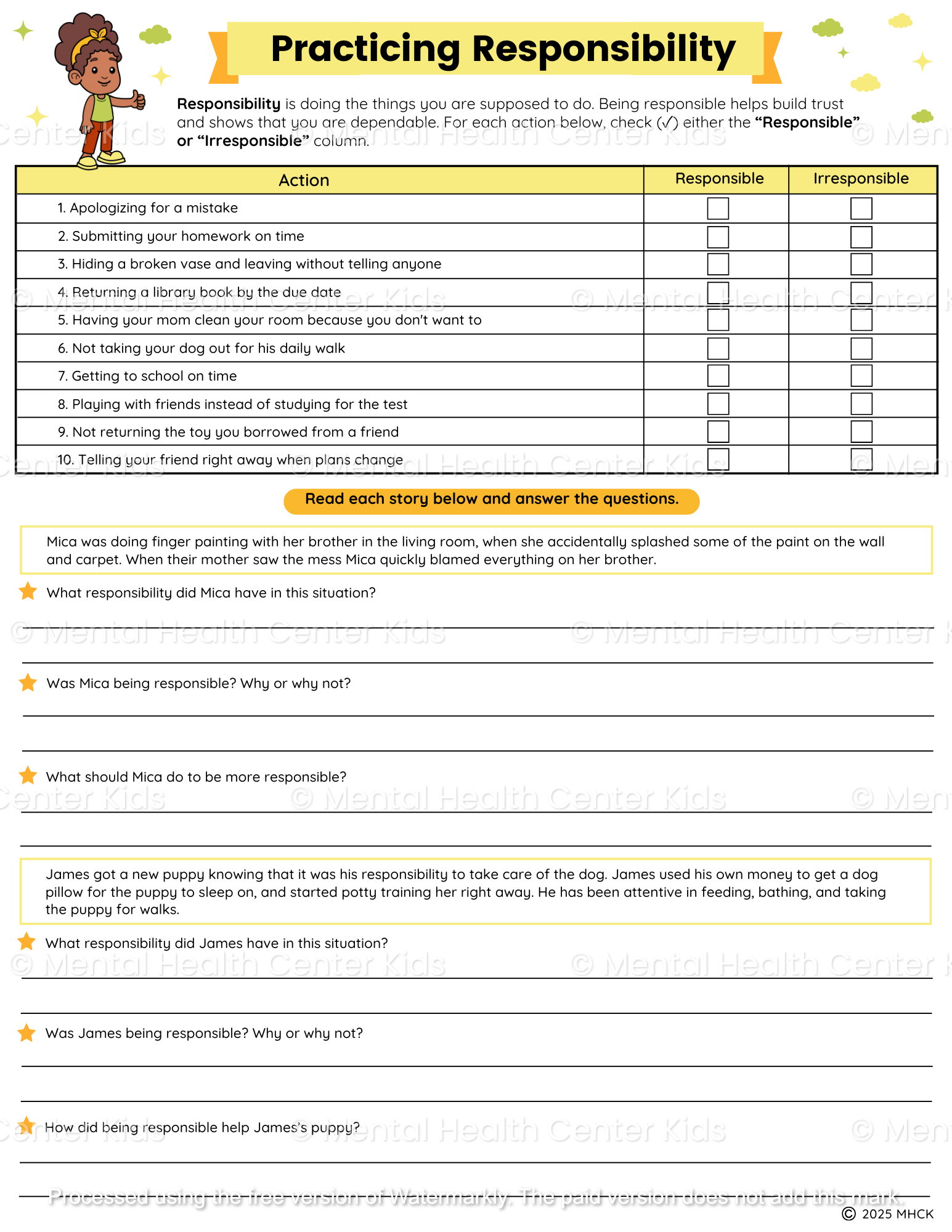 responsibility worksheets for kids