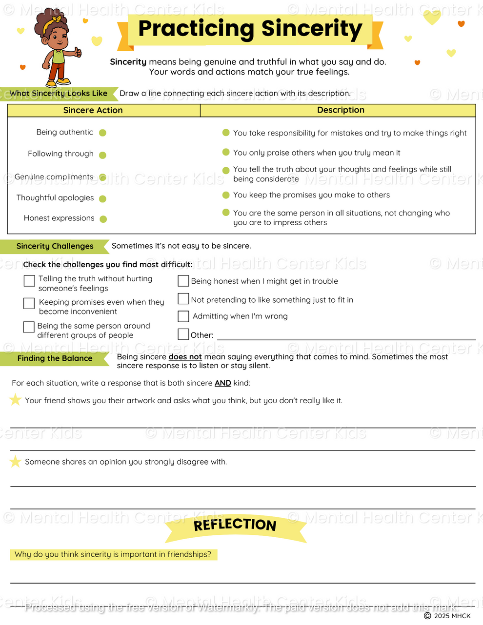 Sincerity Worksheets (2 Pages) – Mental Health Center Kids