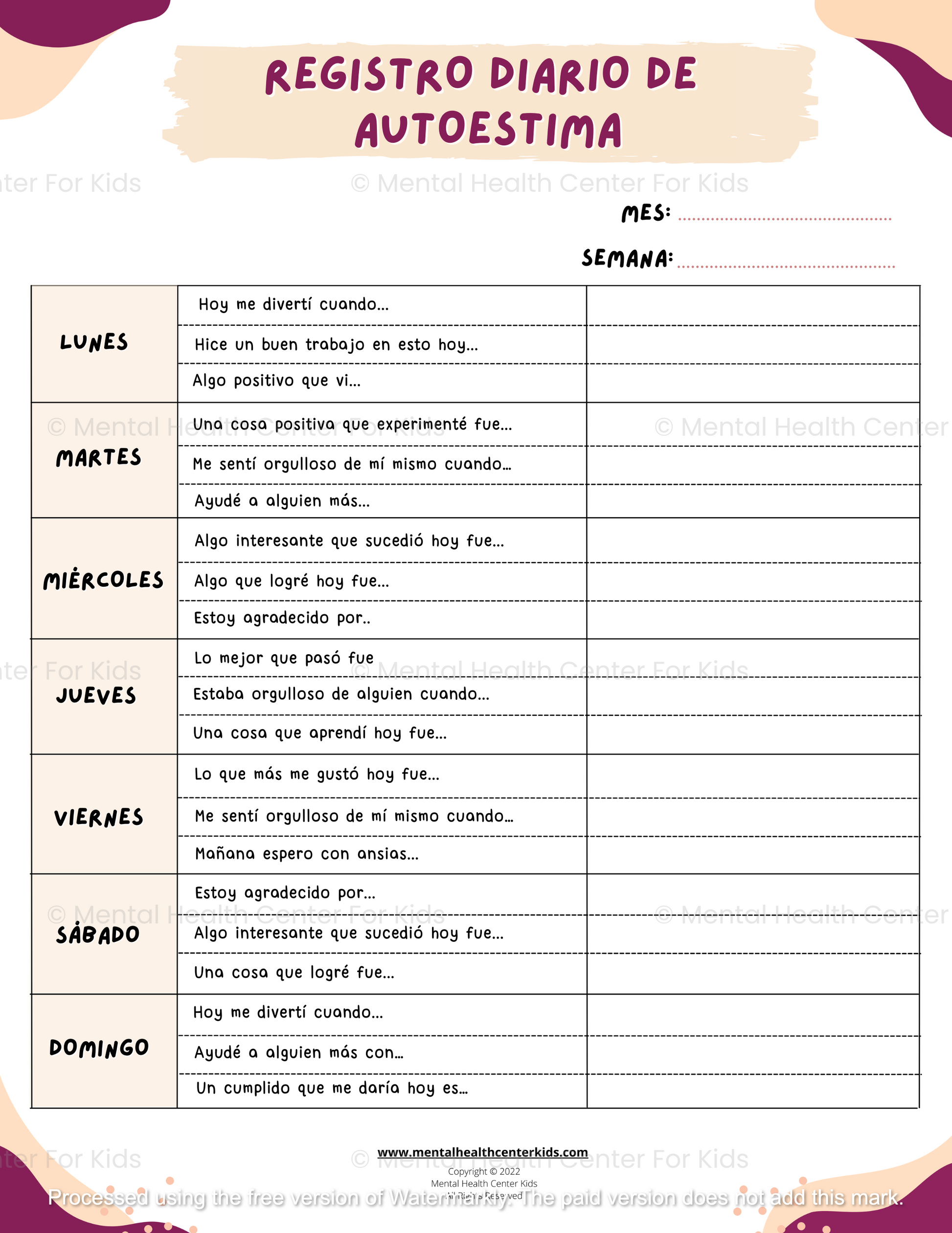 Spanish Self-Esteem Daily Check In Worksheet