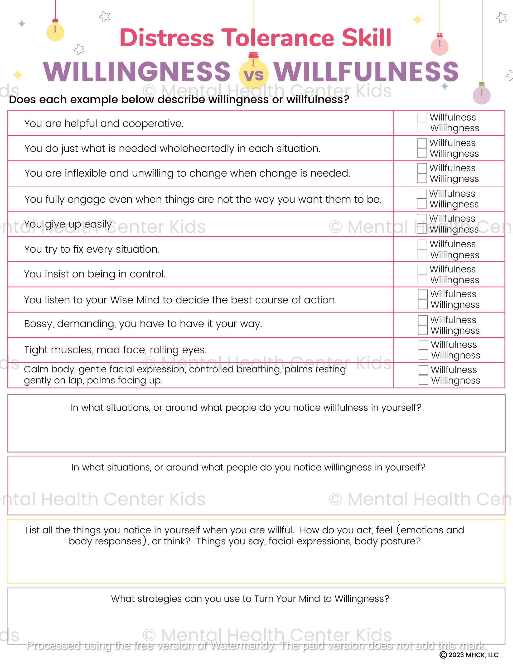 willingness vs willfulness dbt worksheet