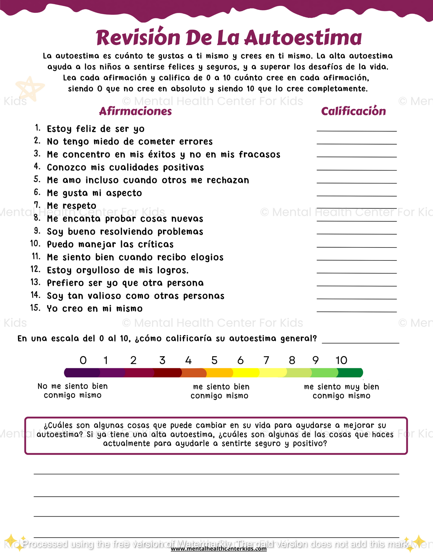 Spanish self-esteem worksheets for kids 