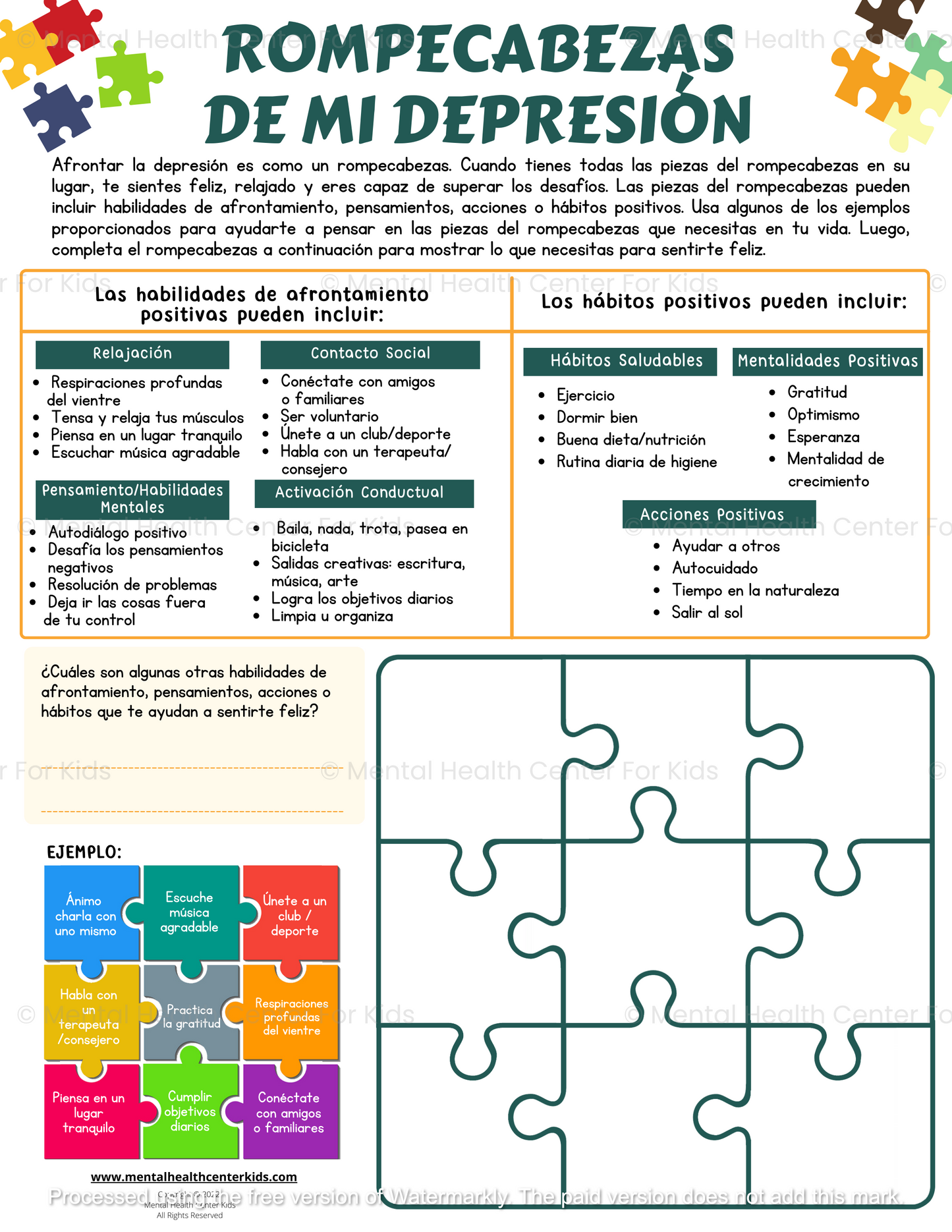 Spanish My Depression Jigsaw Puzzle Worksheet