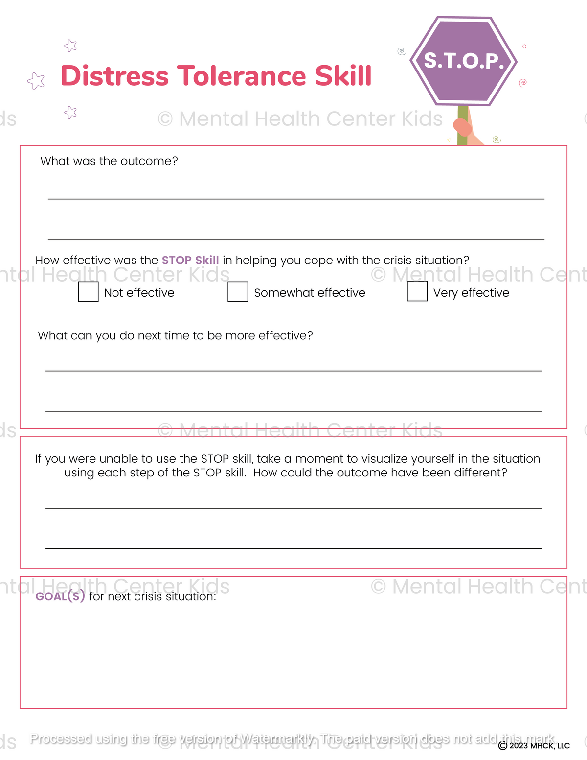 Stop Skill Fun Activity DBT STOP Skill Worksheet – Mental Health Center Kids