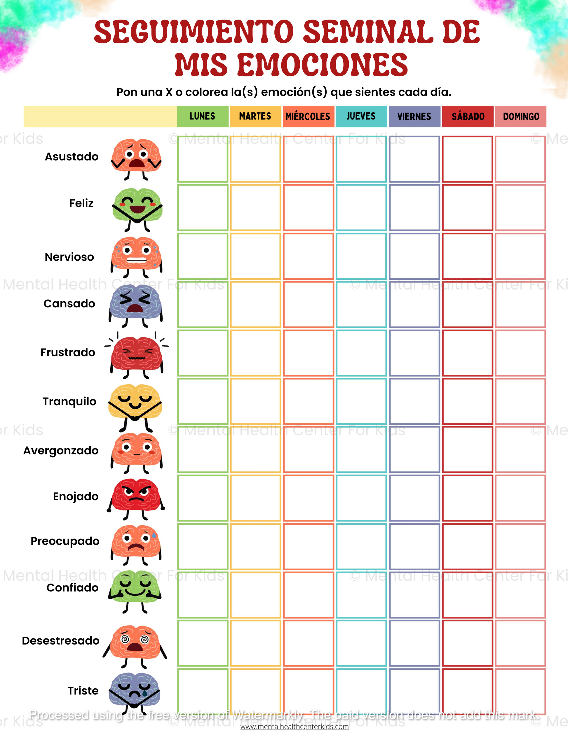 Hojas de trabajo sobre Seguimiento Semanal De Mis Emociones 