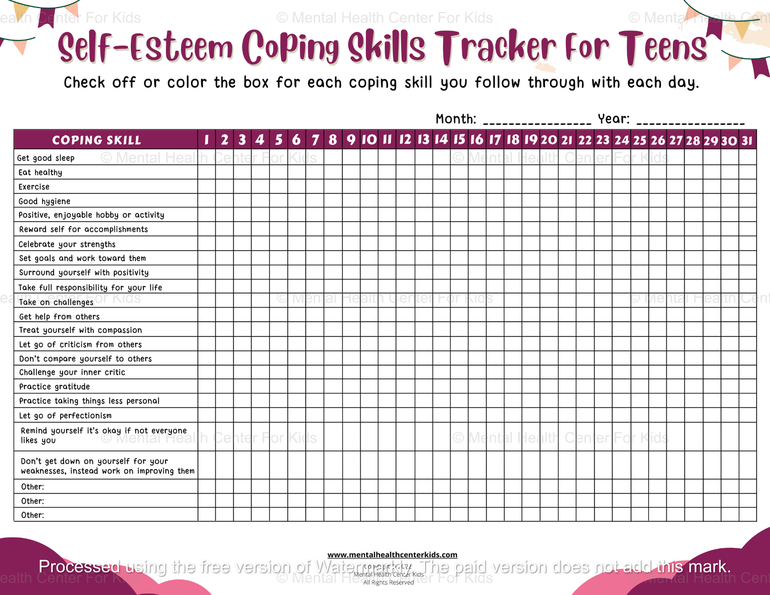 Self-Esteem Coping Skills Tracker for Teens