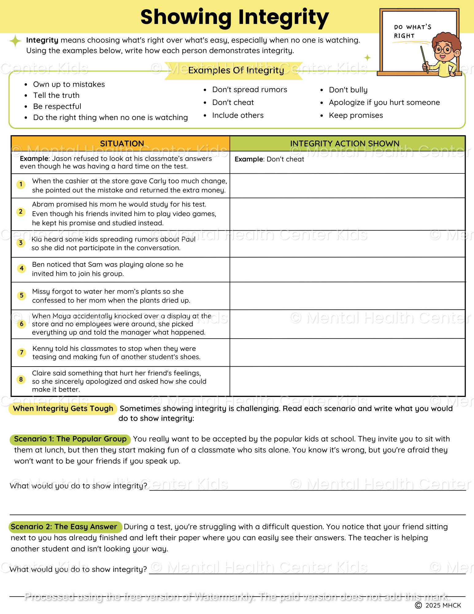 integrity worksheets for kids