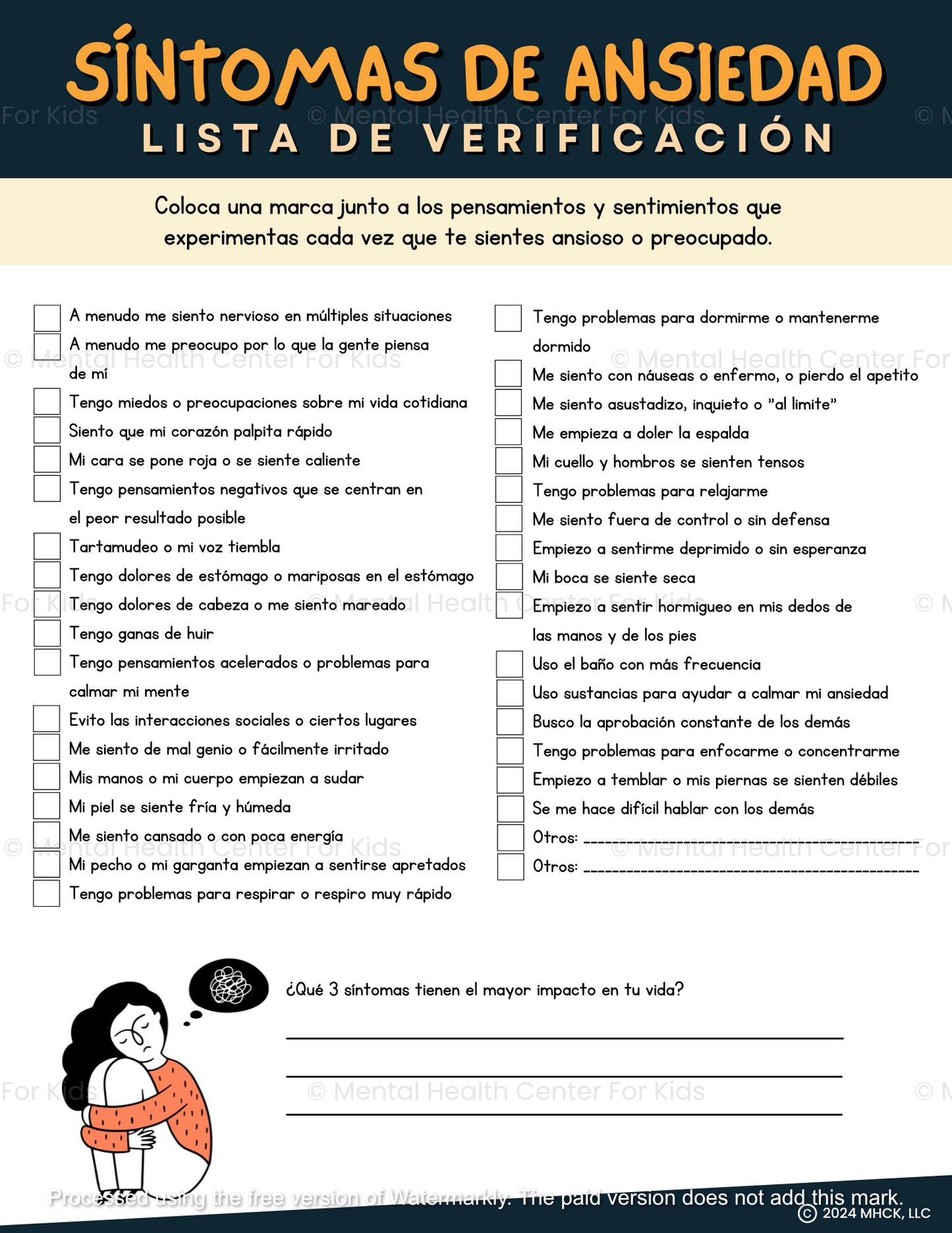 Spanish Anxiety Symptoms Checklist Worksheet