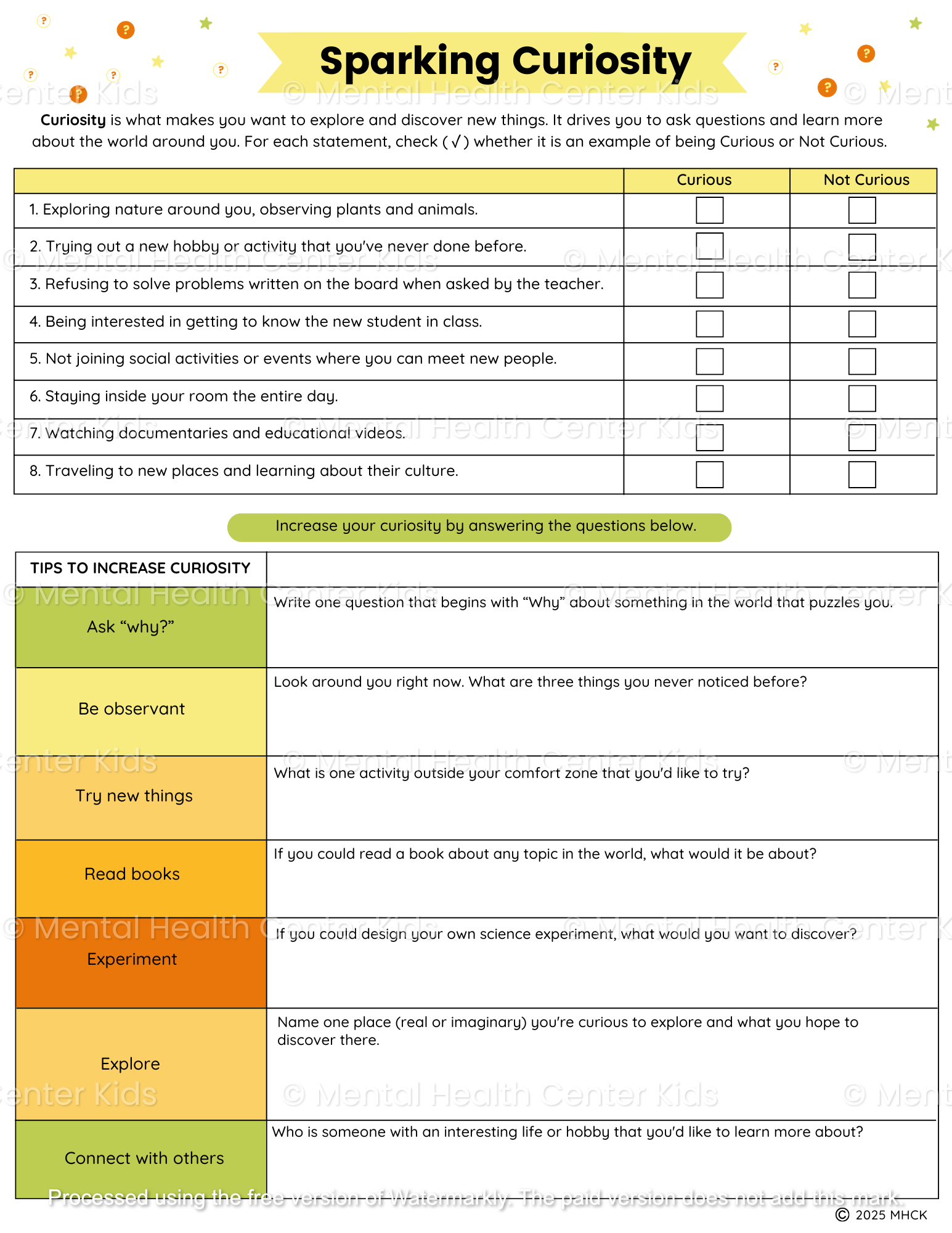 curiosity worksheet for elementary school