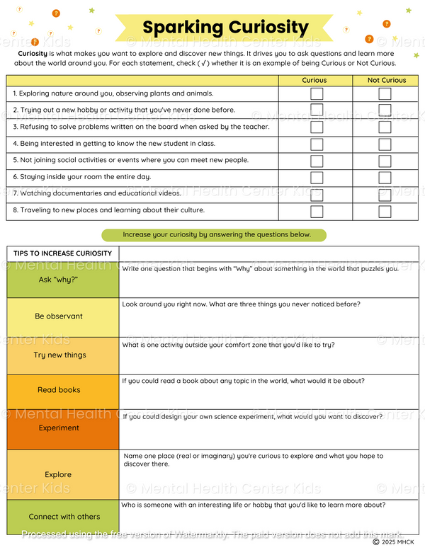 Curiosity Worksheets (2 Pages) – Mental Health Center Kids