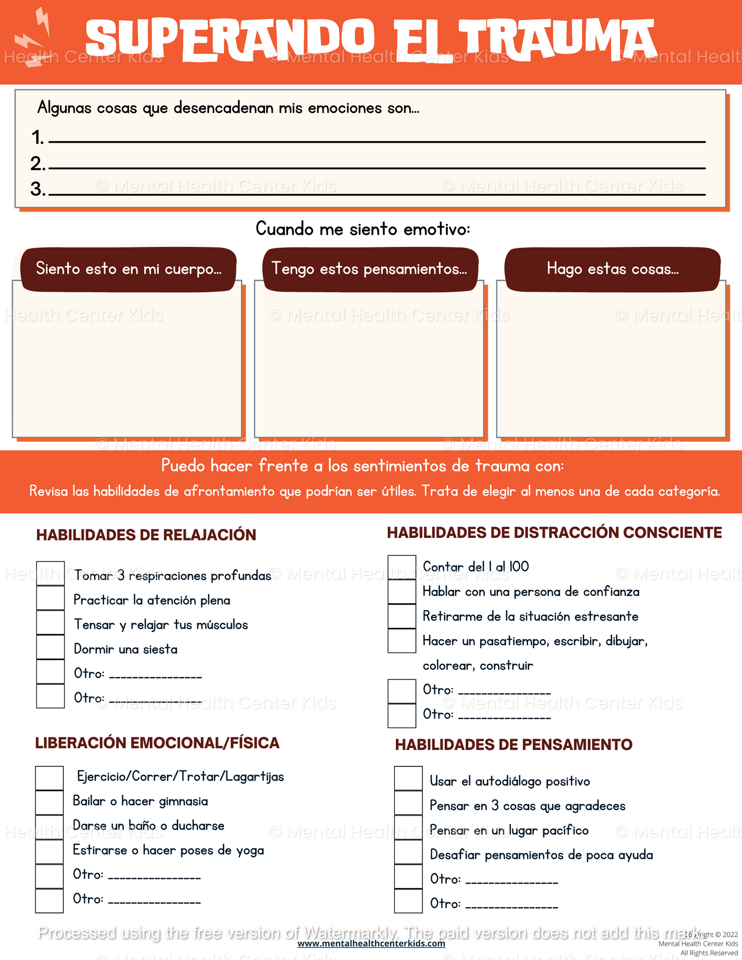 spanish trauma worksheet bundle for teens