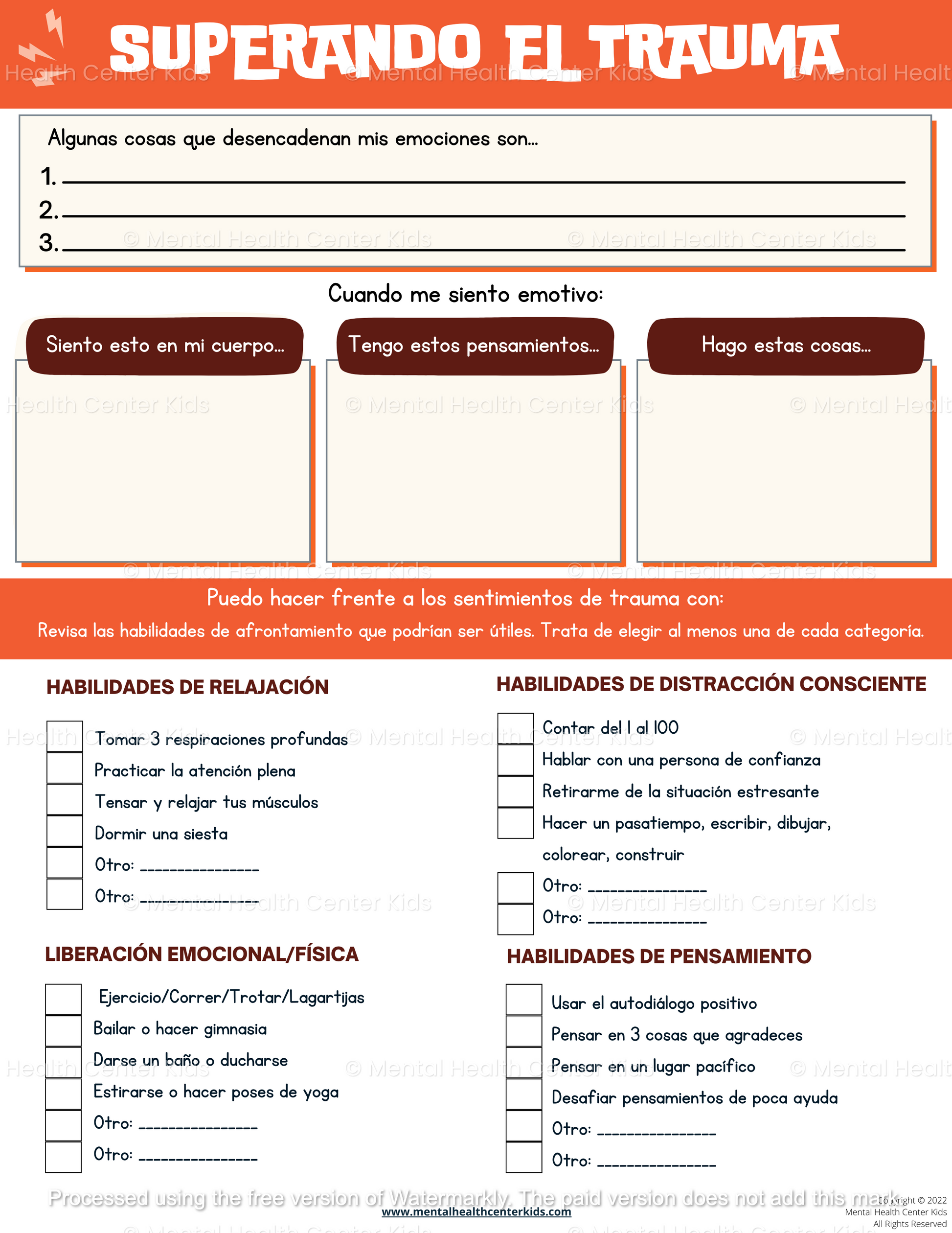 spanish trauma worksheet bundle for teens