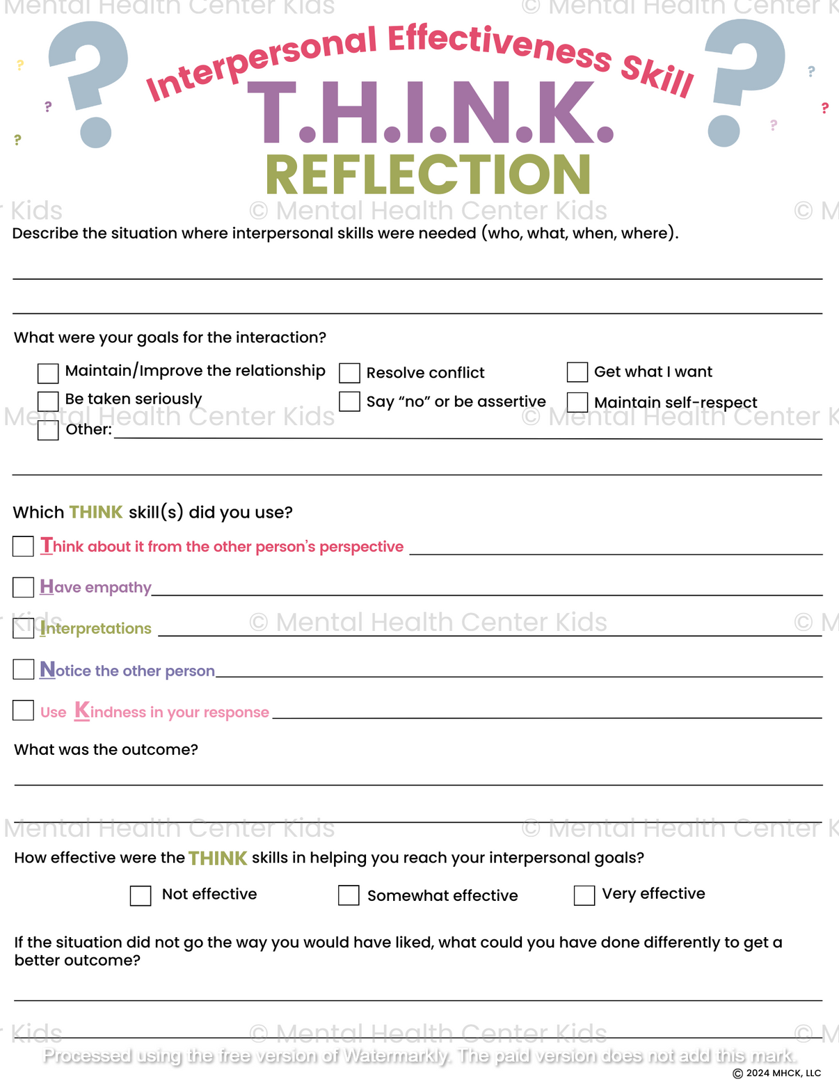 DBT THINK Skill Worksheet – Mental Health Center Kids