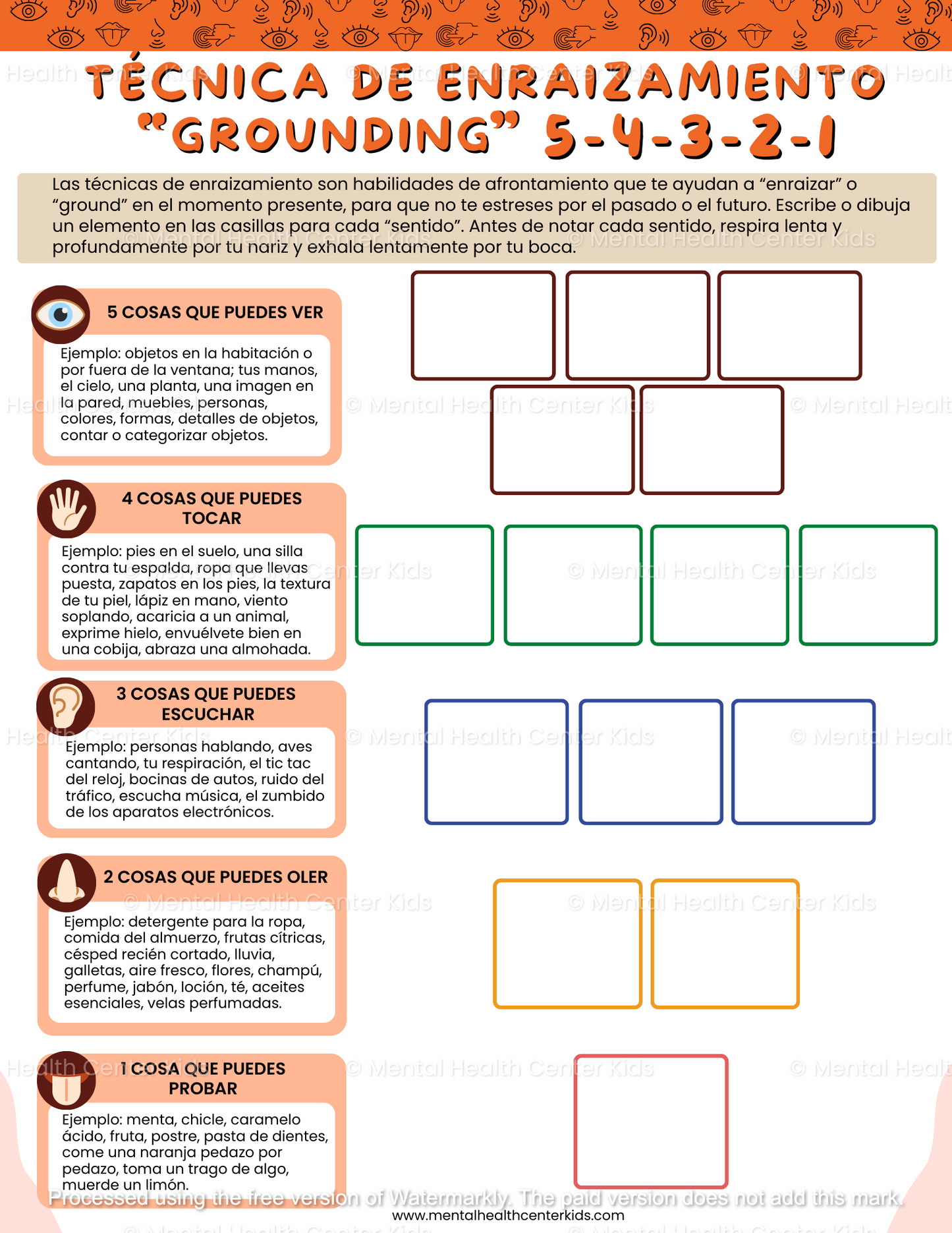 Spanish 5-4-3-2-1 Grounding Technique Worksheet