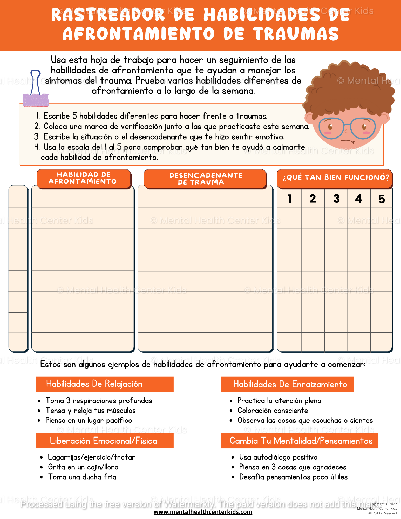 Spanish Trauma Coping Skills Tracker Worksheet