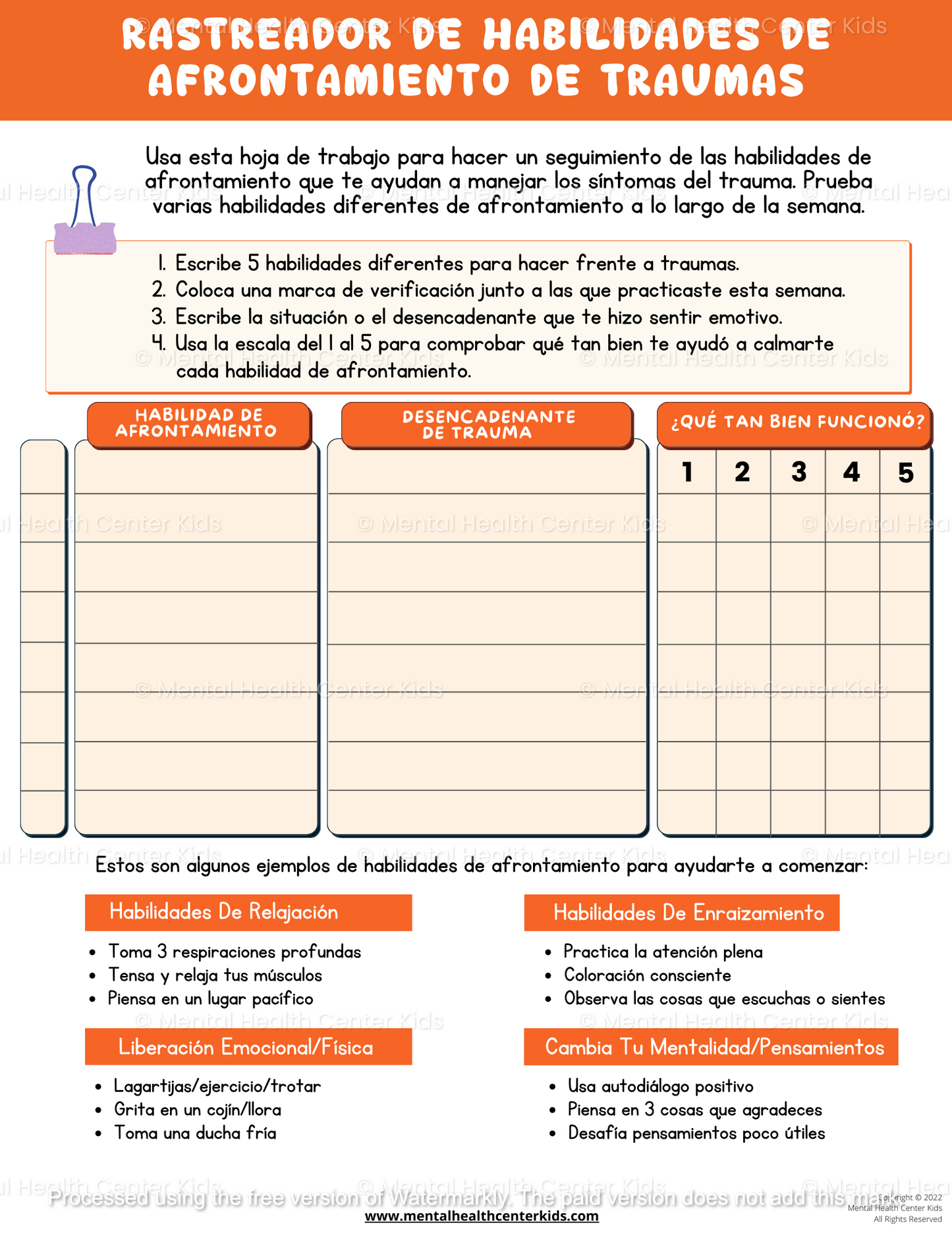 Spanish Trauma Coping Skills Worksheet