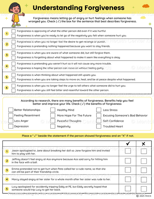 Forgiveness Worksheets (2 Pages) – Mental Health Center Kids