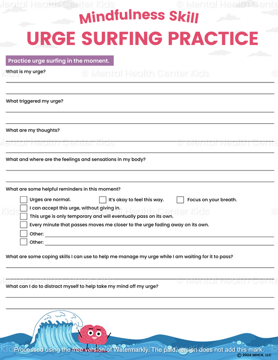 Urge Surfing DBT Worksheets Mental Health Center Kids Urge surfing dbt worksheets mental health center kids