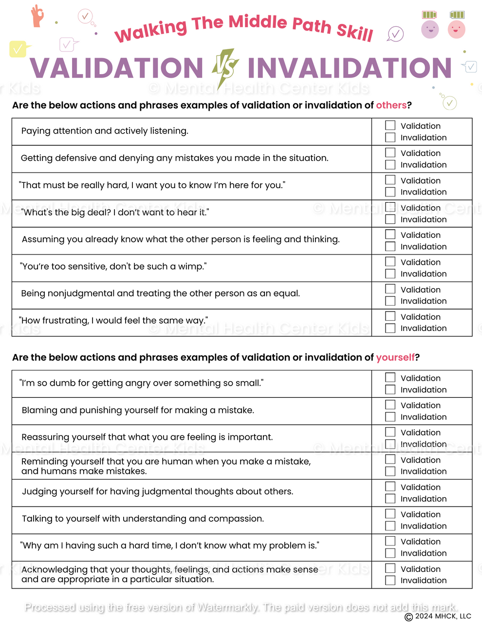 DBT Validation Worksheet – Mental Health Center Kids