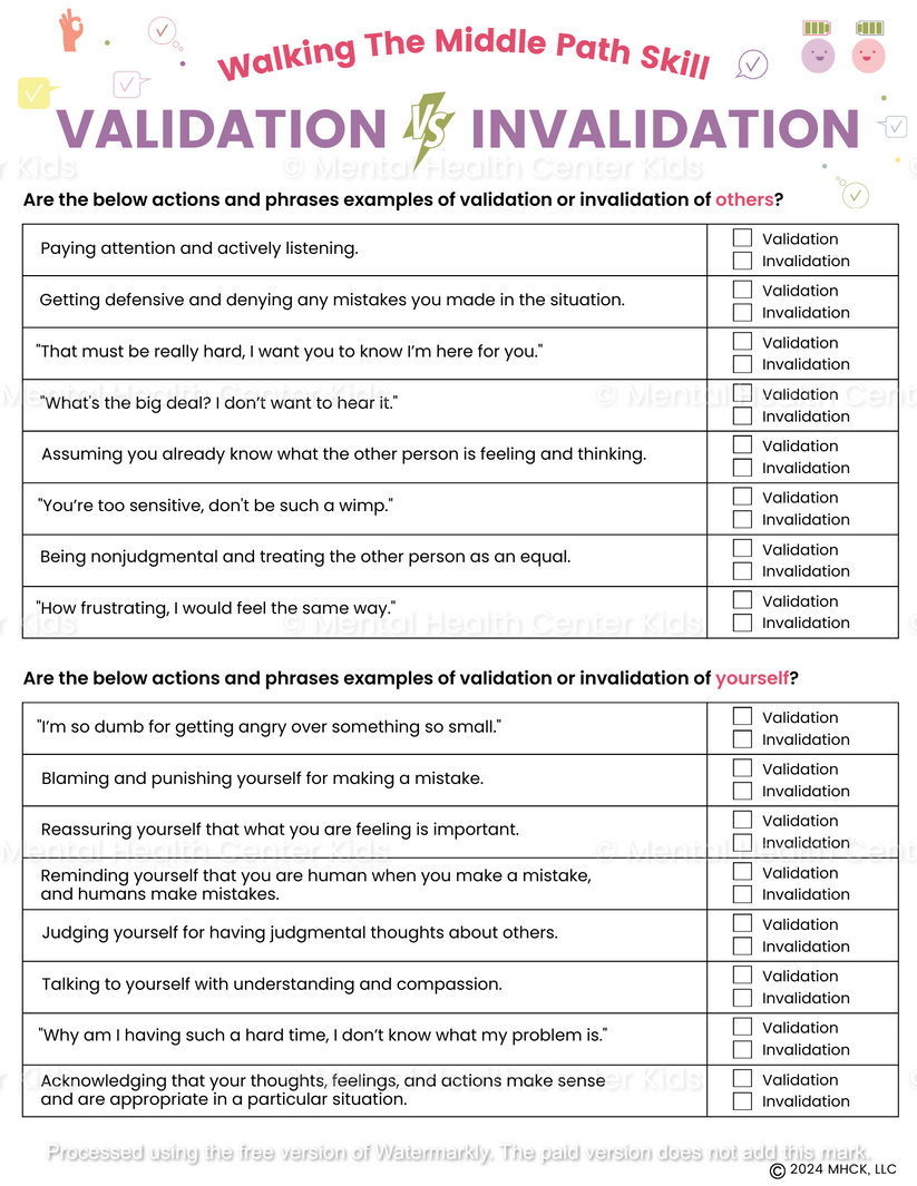 DBT Validation Worksheet – Mental Health Center Kids