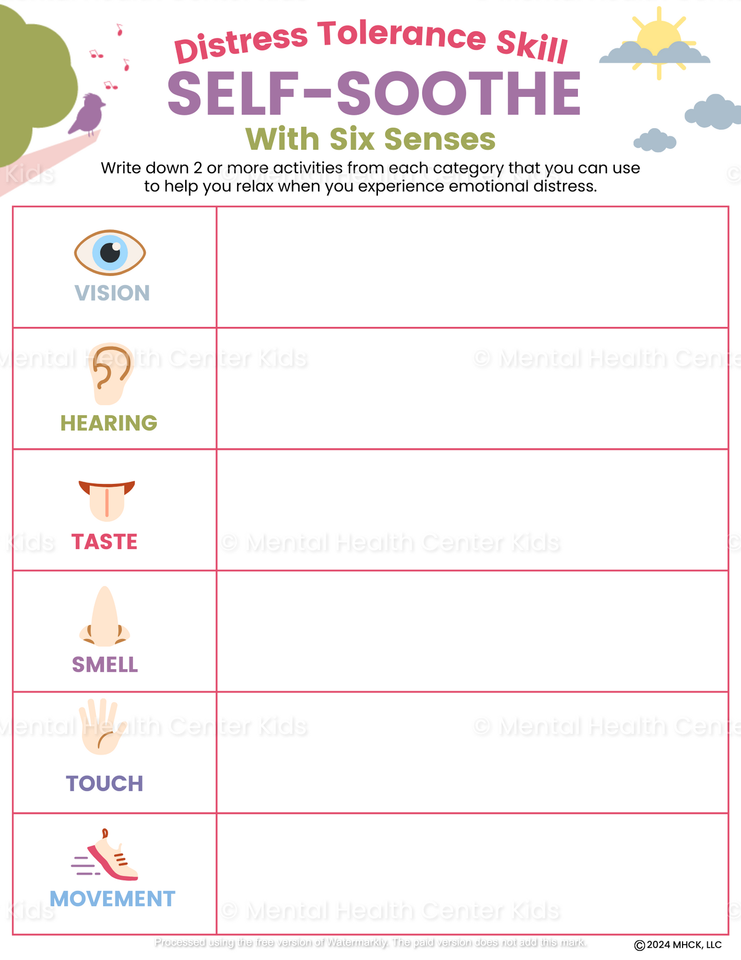 dbt self soothe with 6 senses worksheet