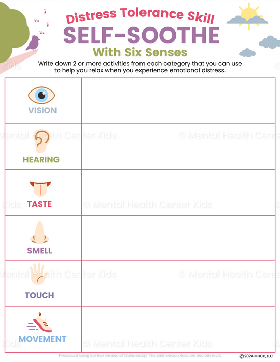 Self-Soothe DBT Worksheets With 6 Senses – Mental Health Center Kids