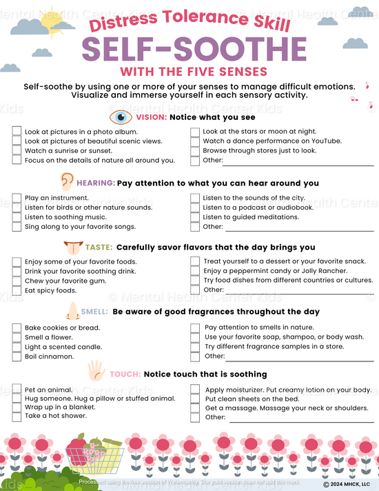 Self-Soothe DBT Worksheets With 6 Senses – Mental Health Center Kids