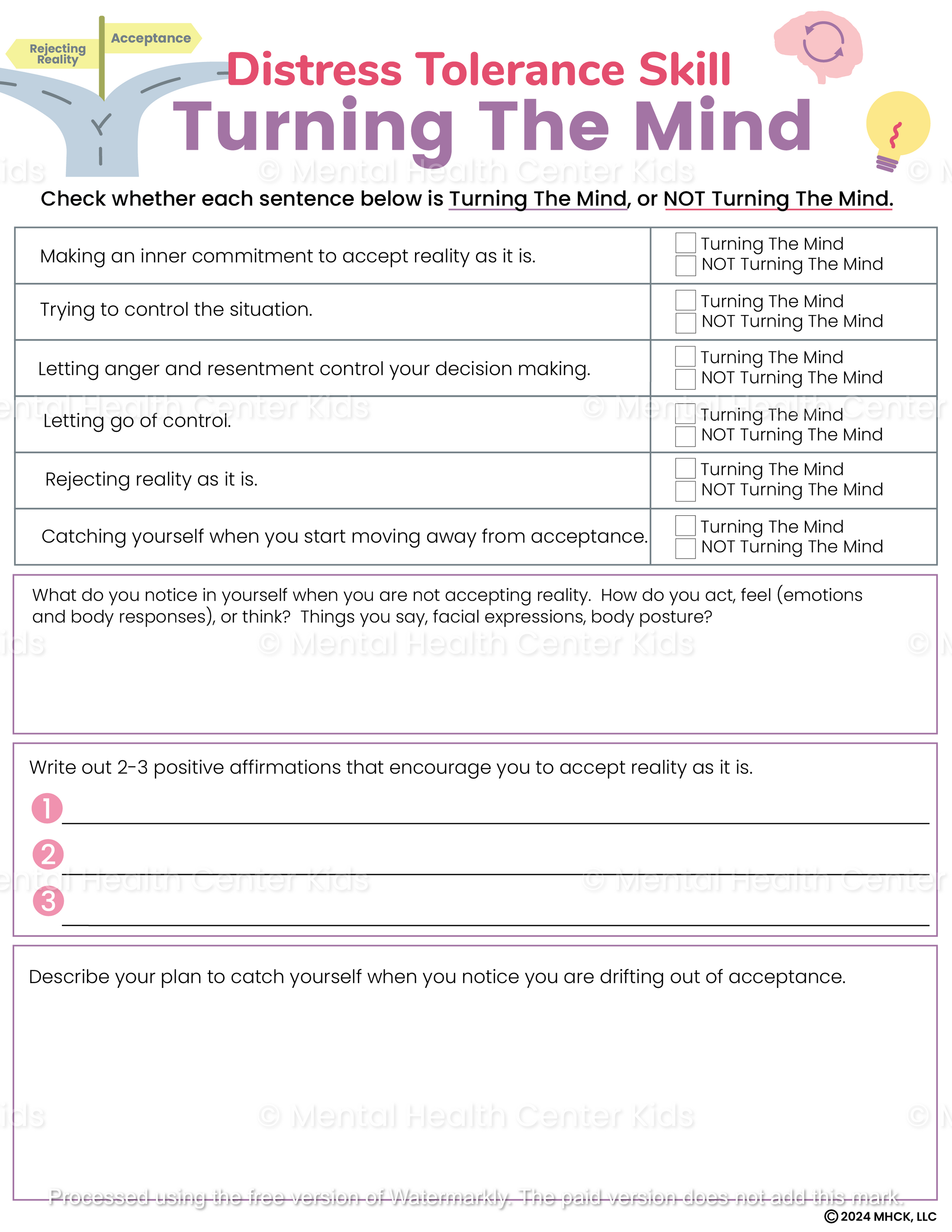 DBT Turning The Mind Worksheet – Mental Health Center Kids