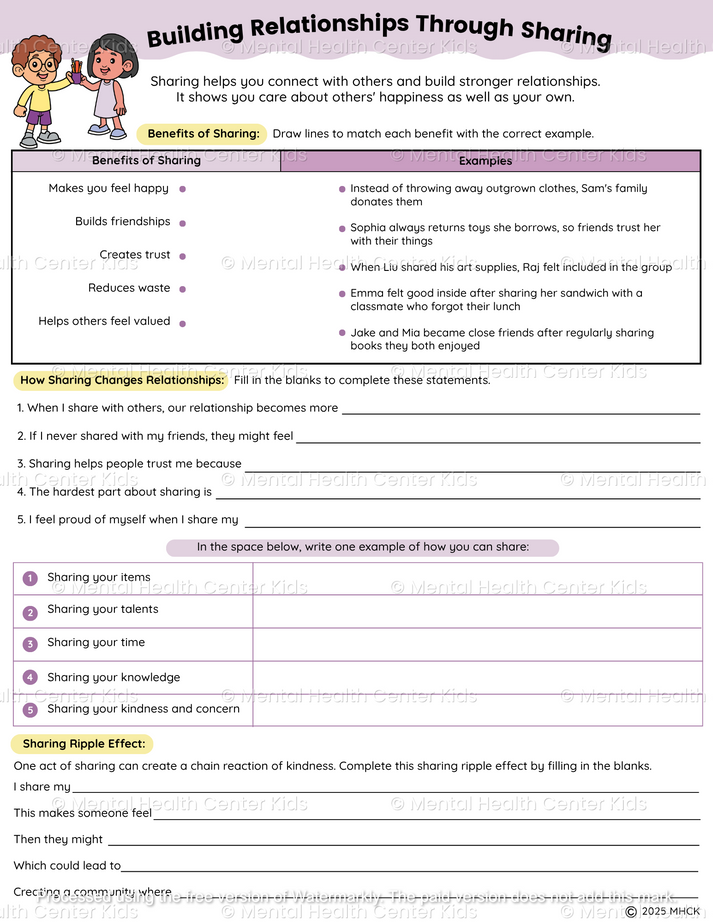 Sharing Worksheets (2 Pages) – Mental Health Center Kids
