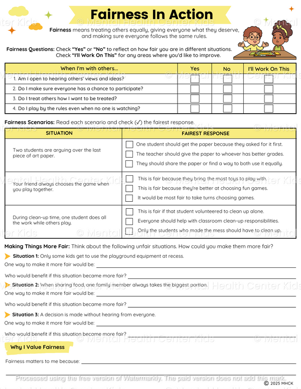 Fairness Worksheets (3 Pages) – Mental Health Center Kids