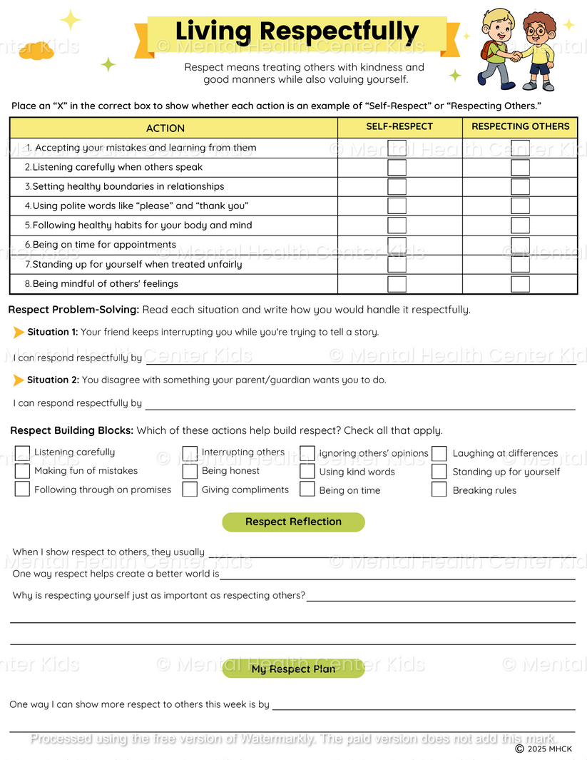 Respect Health Form Respect Worksheets (2 Pages) – Mental Health Center Kids