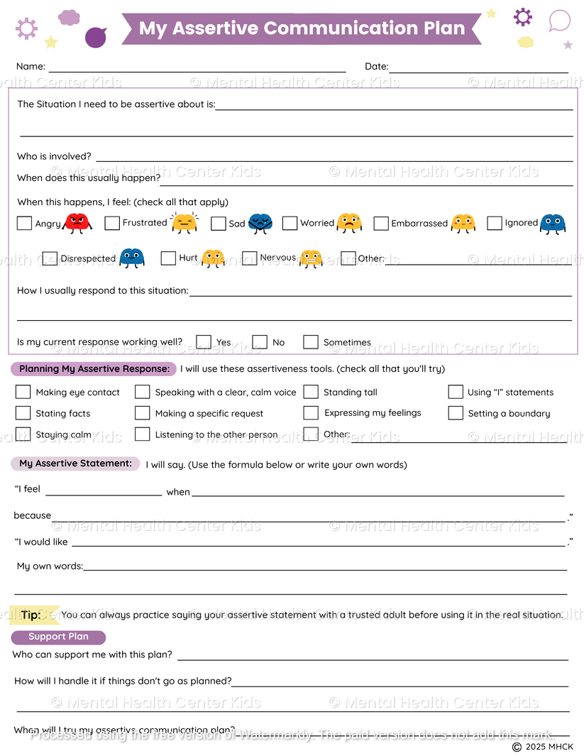 Assertive Communication Worksheets (2 Pages) – Mental Health Center Kids