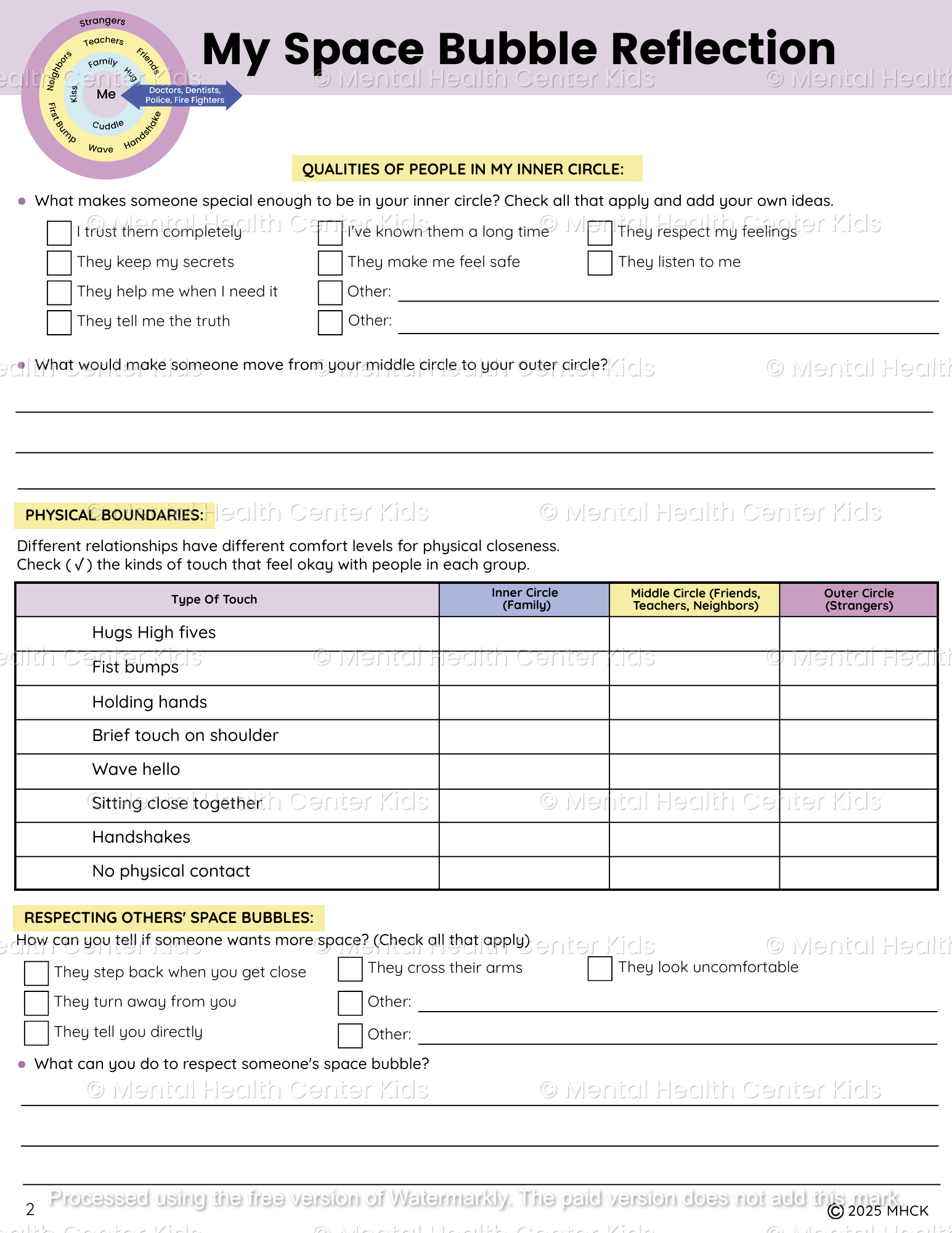 personal space worksheet