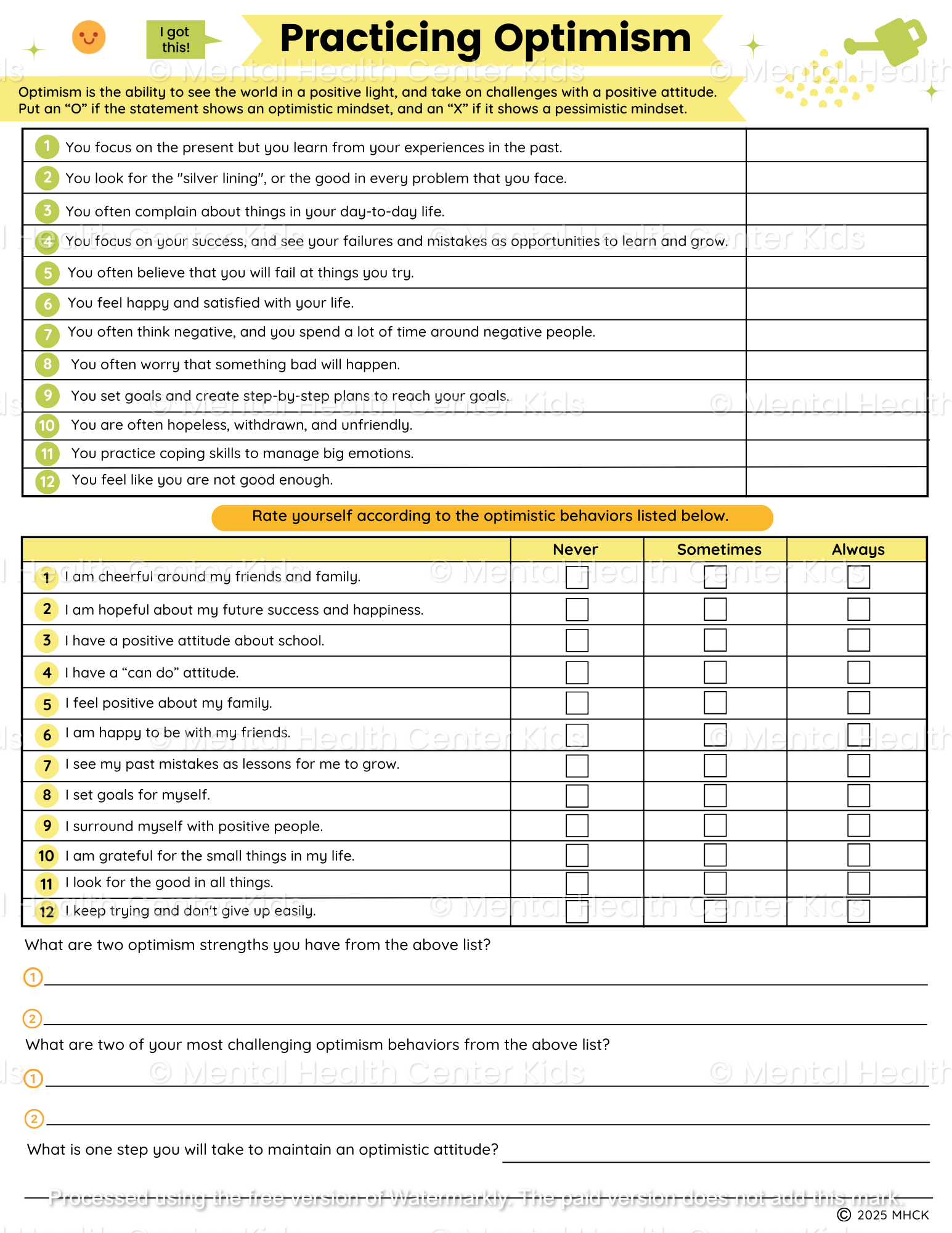optimism worksheet for kids