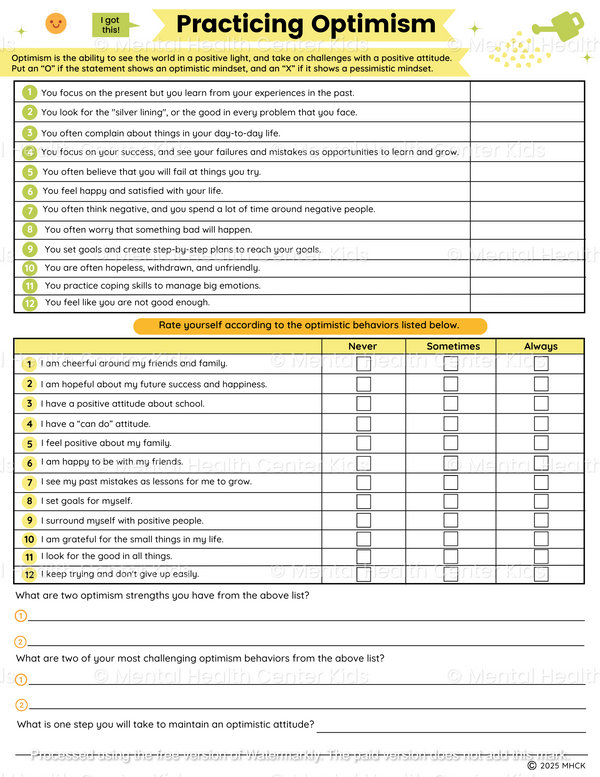 Optimism Worksheets (2 Pages) – Mental Health Center Kids