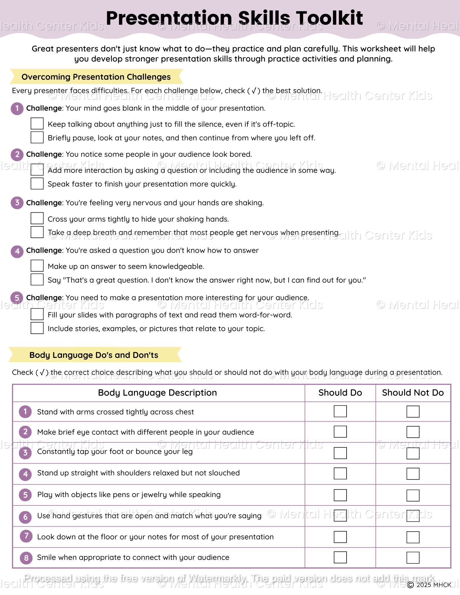 presentation skills worksheets for kids