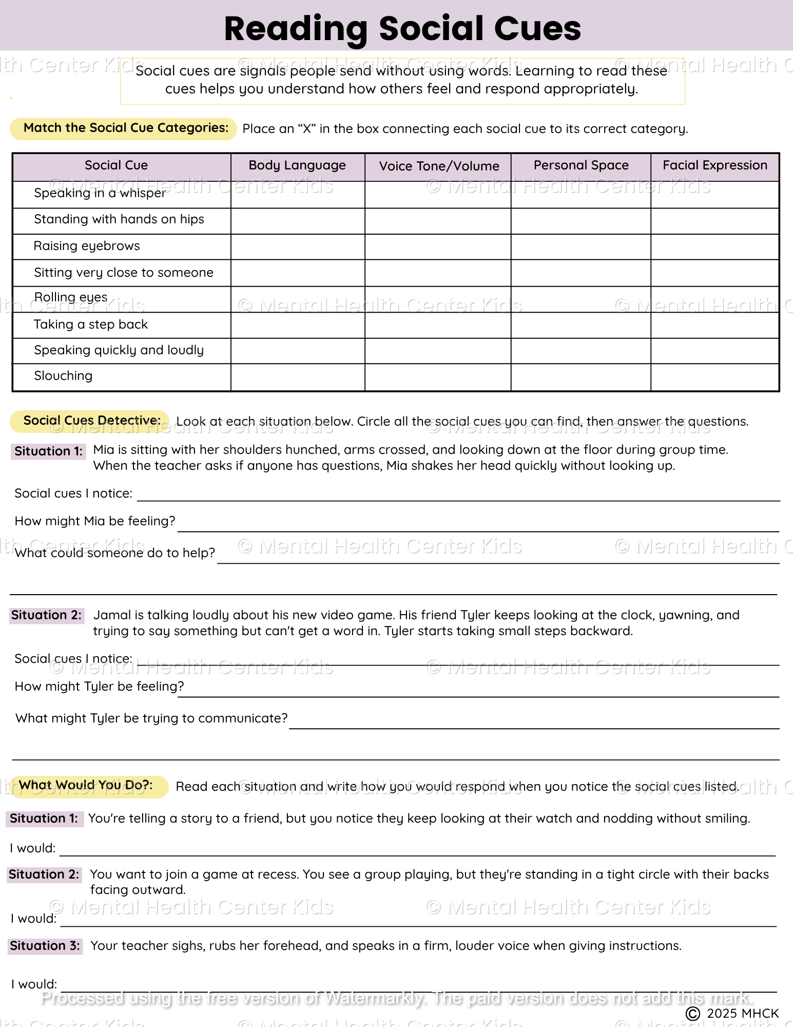 reading social cues worksheet pdf