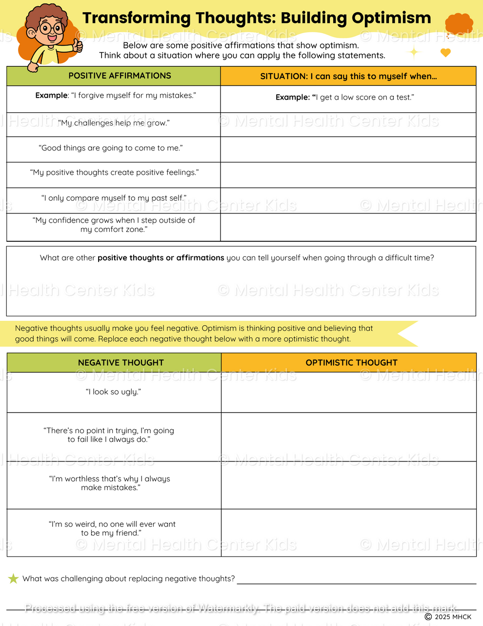 Optimism Worksheets (2 Pages) – Mental Health Center Kids