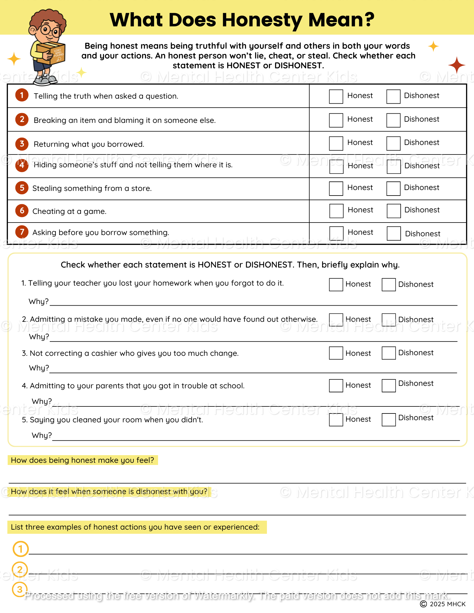 Honesty Worksheets (2 Pages) – Mental Health Center Kids